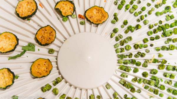 Dried vegetables on a food dehydrator tray