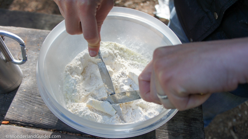 Cutting butter into the biscuit dough dry ingredients