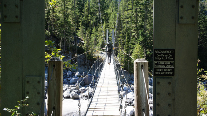 Carbon River suspension bridge on the Wonderland Trail at Mount Rainier