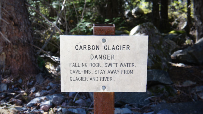 Carbon Glacier danger warning on the Wonderland Trail, Mount Rainier National Park