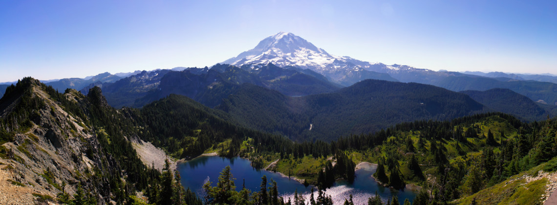 Tolmie Peak fire lookout above Eunice Lake and Ipsut Pass, Mount Rainier